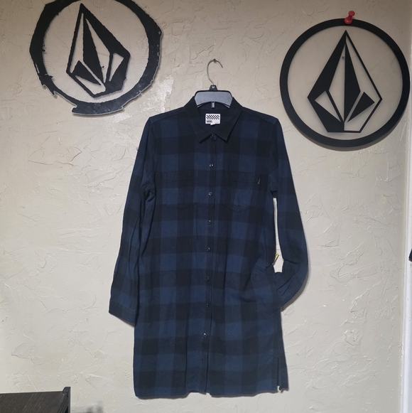 Vans Dresses & Skirts - VANS Navy Blue Black Buffalo Plaid Flannel Button Down Tunic Shirt Dress Pockets